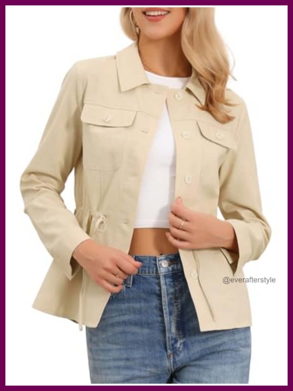 Linen Cotton Button Down Drawstring Waist Utility Anorak Jacket